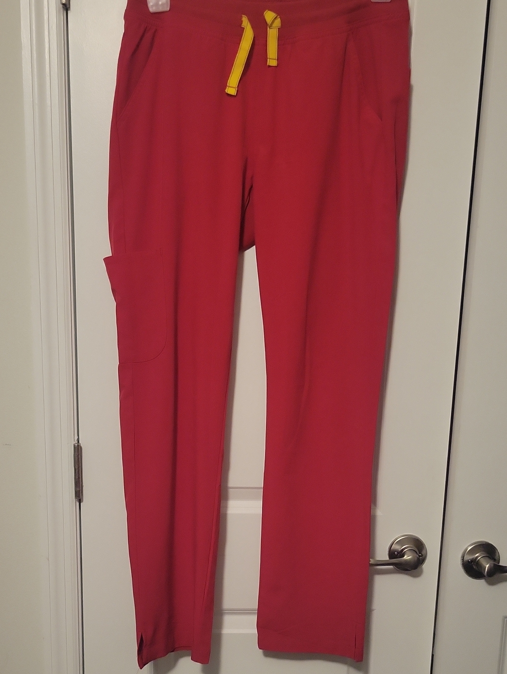 Women's Red Drawstring Cargo Joggers with Yellow Accent Lg Top Medium Bottom